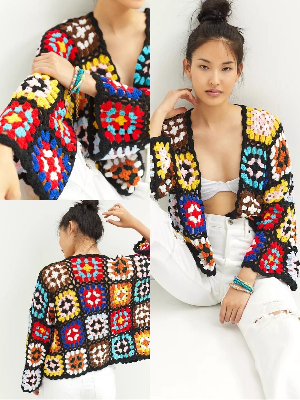 Anthropologie Colorblocked Square Crochet Cardigan One Size Fits Large Open Knit